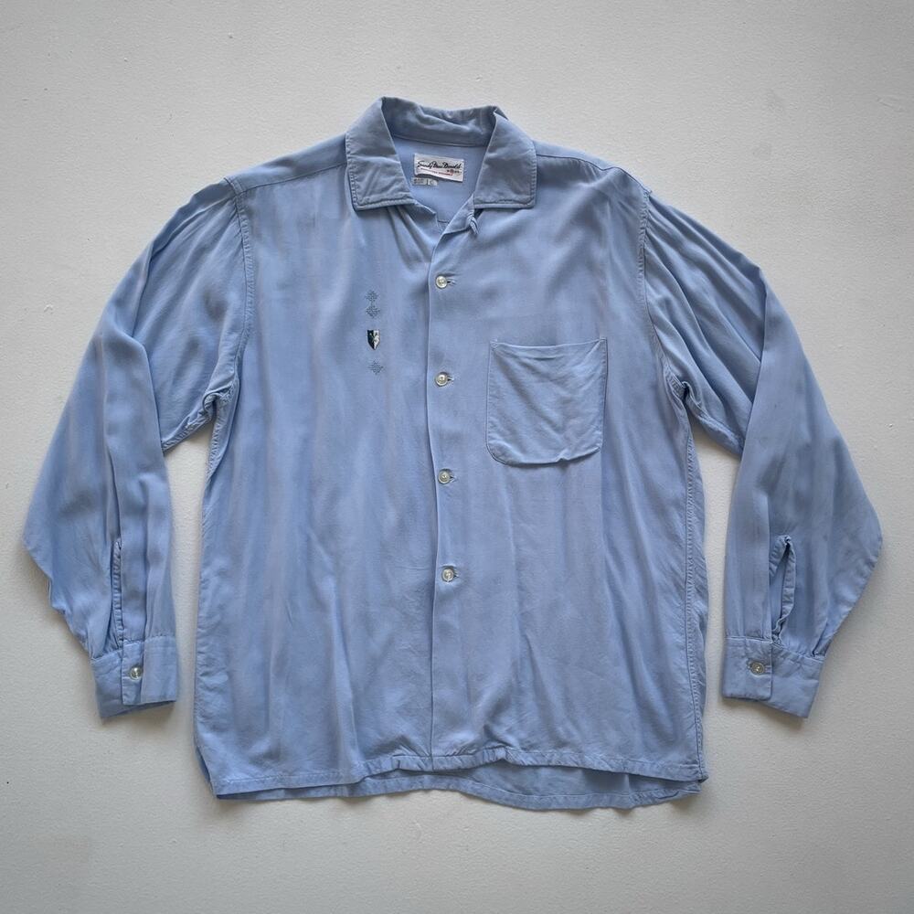 Vtg 40s 50s Blue SANDY MACDONALD Gabardine Long Sleeve Button Up Shirt / Sz M